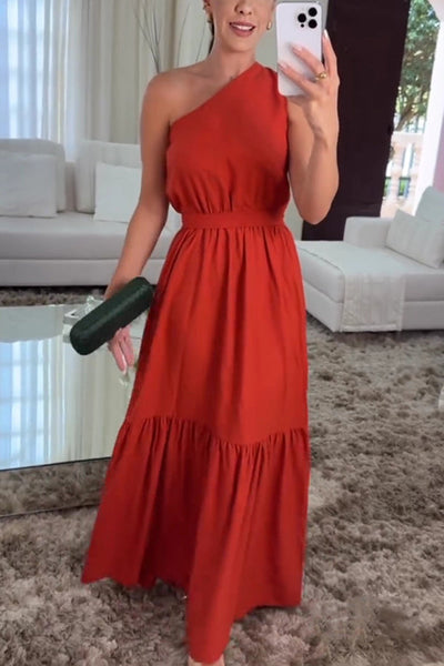 Solid Color One Shoulder Waist Tie Maxi Dress