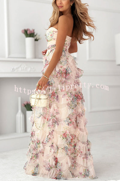 Soraya Tulle Floral Print Off Shoulder Ruffles Tiered Hem Party Maxi Dress