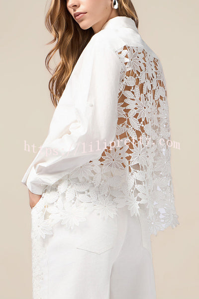 Daisy Long Sleeve Back Crochet Floral Lace A-line Blouse