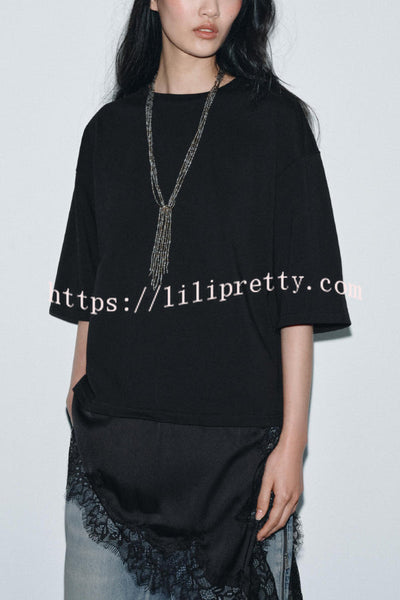 Stylish Round Neck Short-sleeved Patchwork Lace Hem Loose T-shirt