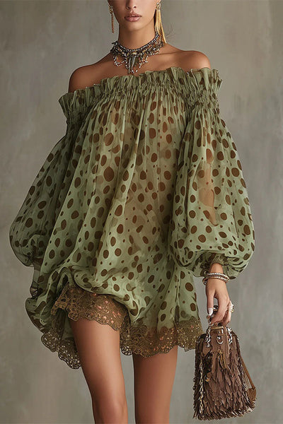 Ethereal Off-The-Shoulder Polka Dot Sheer Mini Dress