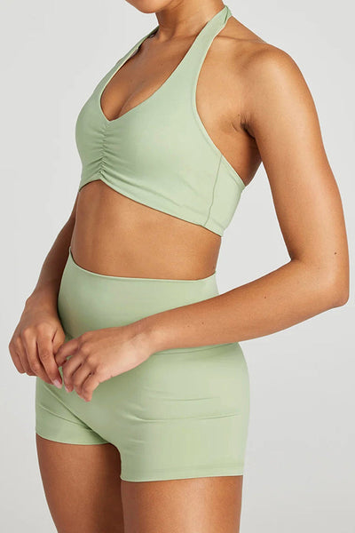 Fashionable Sports Yoga Style Halterneck Top and Stretch Slim Shorts Set