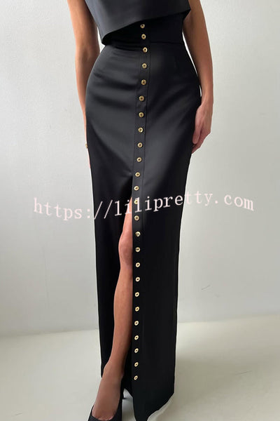Solid Color Casual Sleeveless Crop Top and Elegant Button-down Maxi Skirt Set