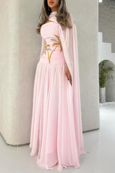 Stylish Beaded Sleeveless Off-shoulder Elegant Maxi Dress with Chiffon Shawl