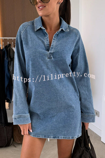 Fashion Lapel Long Sleeve Loose Denim Mini Dress