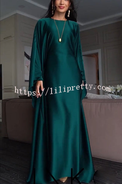Dignified and Elegant Satin Batwing Sleeve with Waist Tie Design A-line Maxi Dress