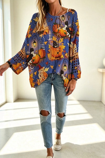 Halloween Pumpkin & Bat Hollow Out Knit Oversized Sweater