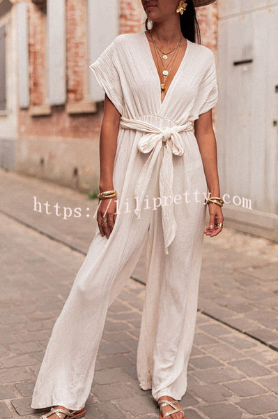 Up To You Linen Blend Elastic Waist Straps Loose Jumpsuit