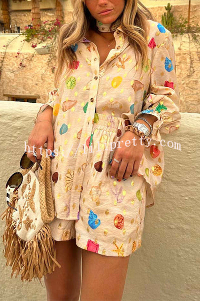 Fashionable Gold Stamping Unique Printing Lapel Long Sleeve Shirt and Elastic Waist Casual Pocket Shorts Set