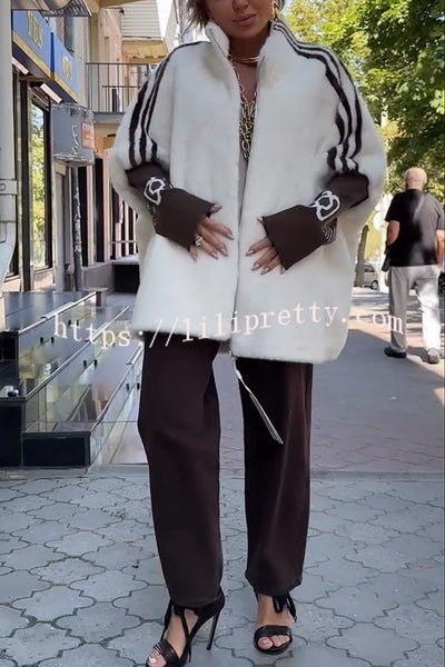 Fashion Sports Stripe Print and Ribbed Embroidered Long Sleeve Zipper Stand Nack Pocket Plush Coat