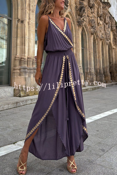 Tamia Gold Trim Elastic Waist Slit Wide Leg Slip Jumpsuit
