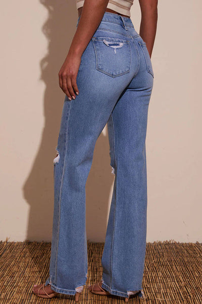 Fashion Raw Edge Ripped Casual Pocket Stretch Straight Jeans