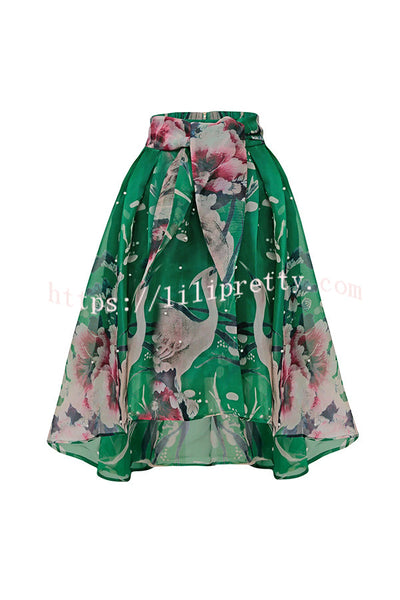 Tessy Batwing Sleeve Top and Floral Elastic Waist Pearls Detail High Low Midi Skirt Set