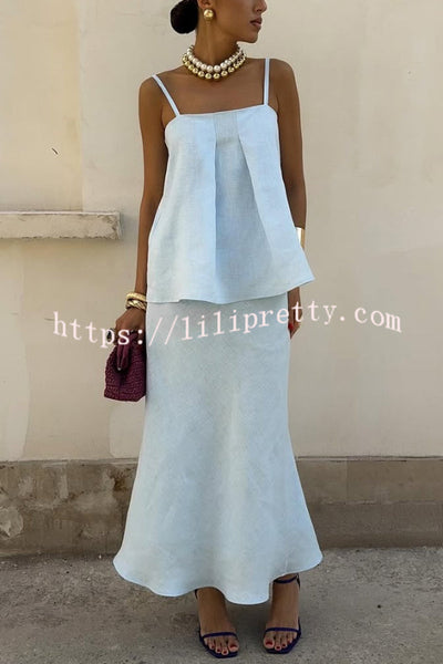 Linen Blend Loose Square Neck Camisole Top and Elegant Resort Maxi Skirt Set