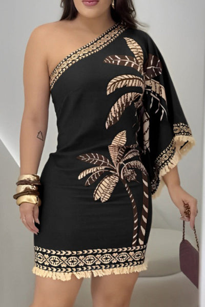 Unique Printed One Sleeve Fringe Fitted Mini Dress