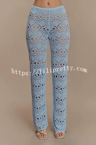 Trena Crochet Knit Hollow Mid Rise Stretch Wide Leg Pants