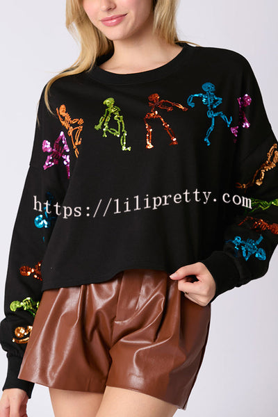 Halloween Skull Sequin Loose Crop Casual Sweatshirt