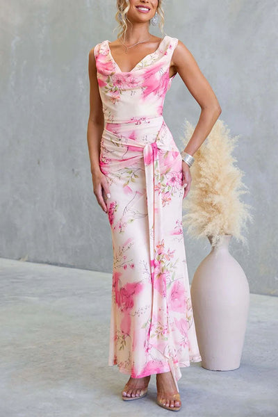Floral Dreamy Draped Neck Mesh Wrap Dress