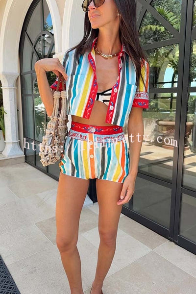 Rainbow Mood Unique Print Short Sleeve Crop Shirt and Elastic Waist Loose Bloomers Set