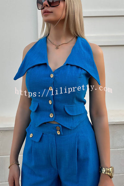 Memorable Crush Linen Blend Patchwork Vest Top and Pocket Wide Leg Pants Set