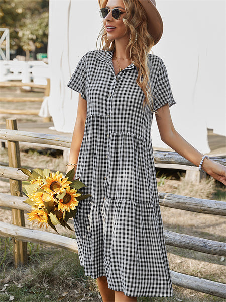 Summer New Temperament Commuter Women's Lapel Plaid High Waist Short-sleeved Dress Shirt Collar Casual Large Swing Type Skirt Kmmey