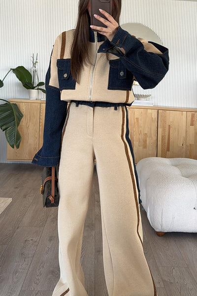 Chill Whispers Denim Patchwork Sweatshirt Fabric Striped Elastic Waist Pocket Loose Pants