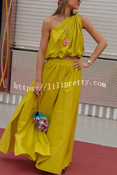 Elegant Holiday Knotted One Shoulder Top and Elastic Waist Pocket Slit Skirt Set