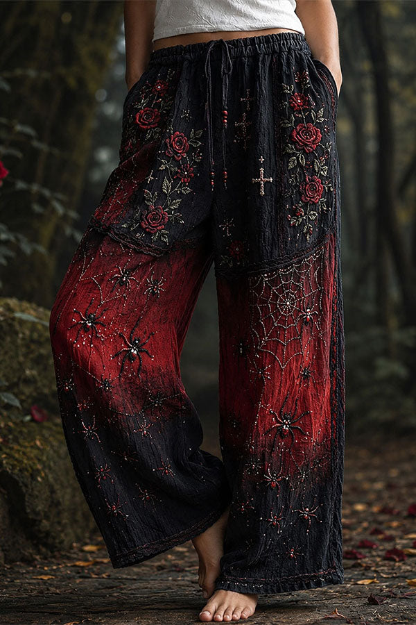 Halloween Dark-themed Printed Wide-Leg Pants