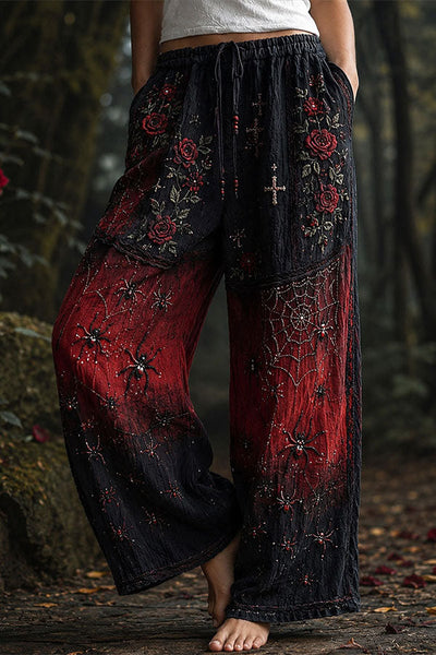 Halloween Dark-themed Printed Wide-Leg Pants