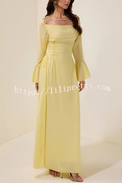 Fashionable Beaded Long-sleeved Square-neck Fitted Waist Tie Maxi Dress