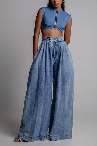 Fashion High Waist Vintage Zipper Cuffed Loose Jeans