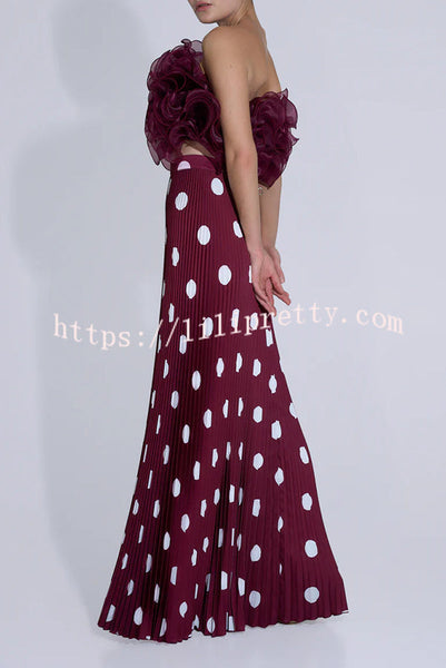 Eye-catching Satin Pleated Poka Dot Print High Rise Drape Maxi Skirt