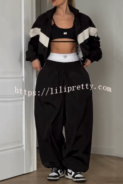 Fashionable Contrasting Long-sleeved Loose Coat and Elastic Waist Wide-leg Pants Set