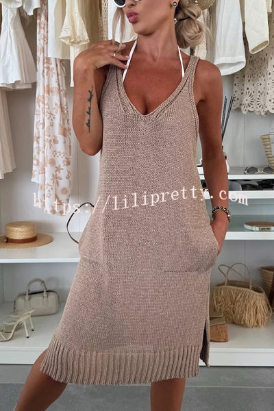Solid Color V-Neck Sleeveless Casual Pocket Knitted Midi Dress