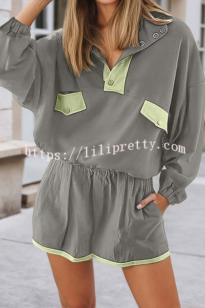 Fashion Contrast Color Stitching Stand Collar Long Sleeve Top and Elastic Waist Loose Pocket Shorts Set