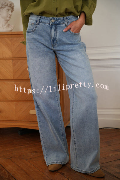 Stylish Denim Colorblock Star Patterned Mid Waist Pocket Wide Leg Jeans