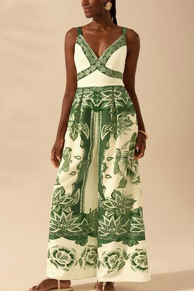 Bohemian Style Plant Print Casual Sling Holiday Loose Jumpsuit