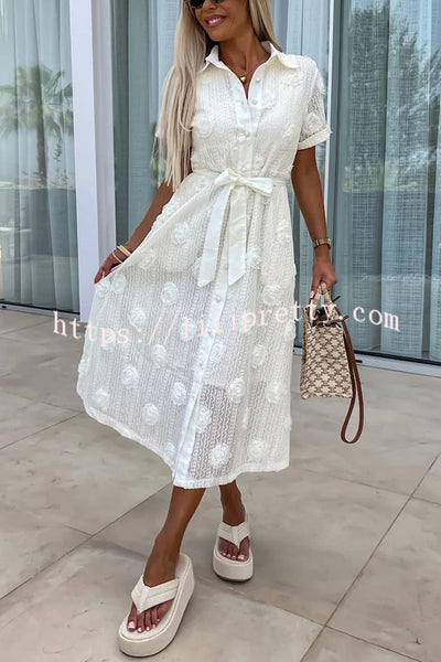 In A Dreamland Rose Embroidery Textured Fabric Belt Shirt Midi Dress