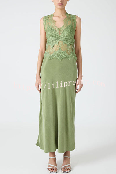Wonderful Fusion Satin Lace Trim See-through Waist V-neck Drape Maxi Dress