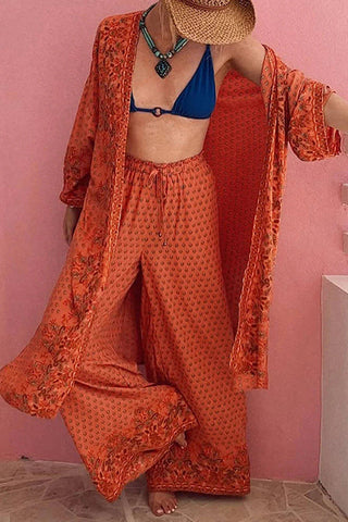 Unique Printed Long-sleeved Loose Long Cardigan and Elastic Waist Casual Wide-leg Pants Set
