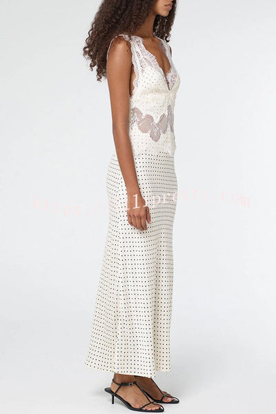 Wonderful Fusion Satin Lace Trim Poka Dot V-neck Drape Maxi Dress