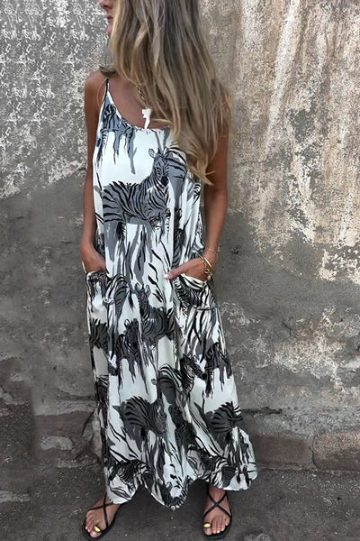 Zebra Print Suspender Pocket Loose Backless Maxi Dress