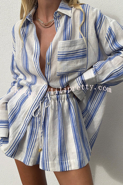 Stripe Print Lapel Long-sleeved Casual Shirt and Elastic Waist Loose Shorts Set