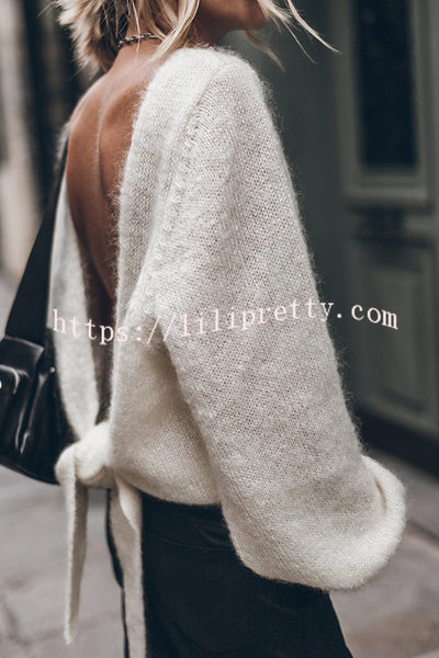 Chunky Season Knit Mohair-blend Long Sleeve Open Back Knot Design Loose Sweater