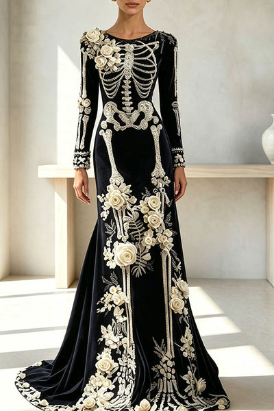 Luxury skull embroidered velvet dress
