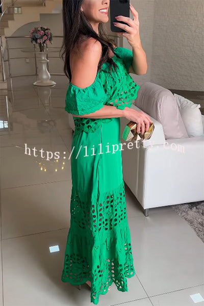 Valia Crochet Cutout Lace Off Shoulder Top and Elastic Waist A-line Maxi Skirt Set