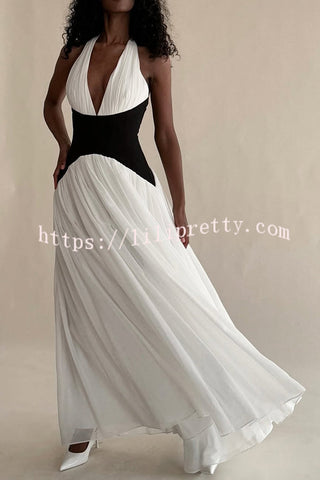 Fashionable Color Matching Sexy Halter Neck Waist Maxi Dress