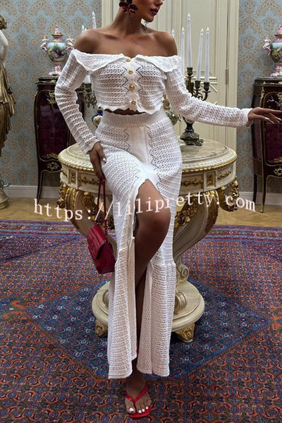 Fashion Knitted Off-the-shoulder Long-sleeved Top and Elastic Slit Maxi Skirt Set