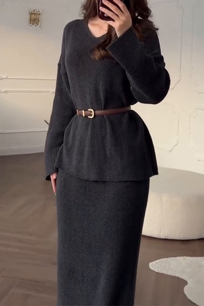 Solid Color Long-sleeved V-neck Casual Knitted Sweater and Elegant Maxi Skirt Set