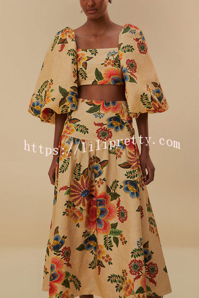 Jungle Style Linen Blend Floral Print Puff Sleeve Crop Top and High Waist Midi Skirt Set